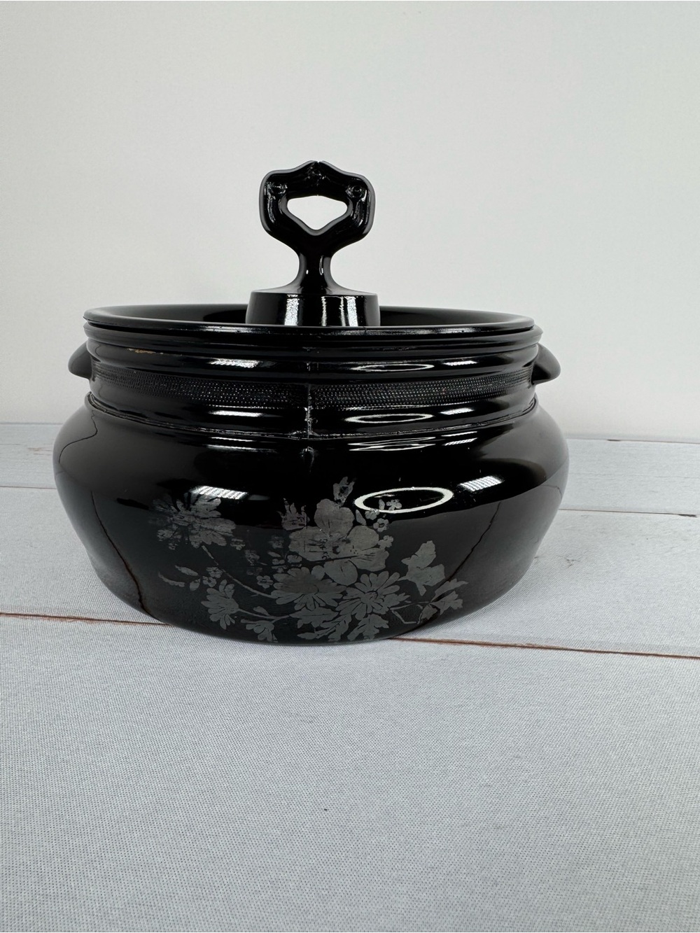 Vintage L.E. Smith Black Amethyst Glass Covered Bean Pot Silver Floral Greek Key